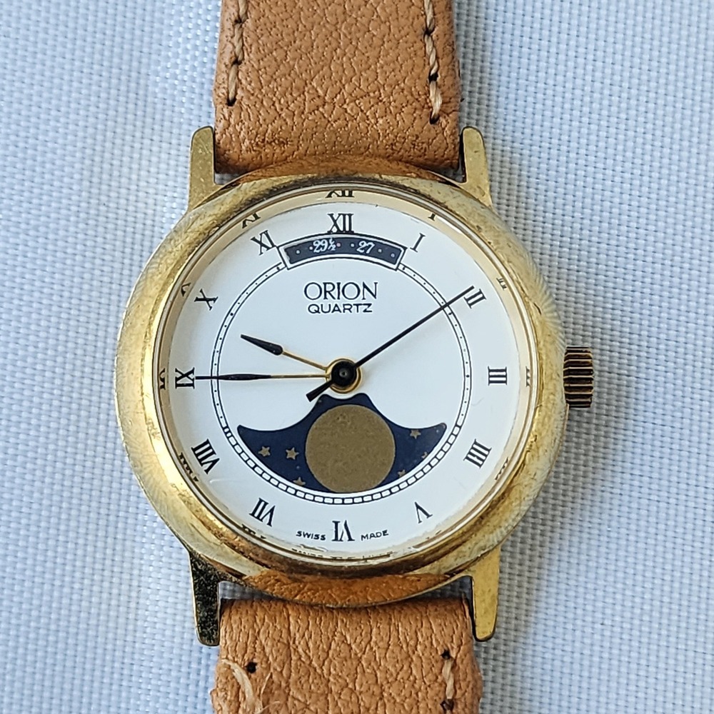 ORION QUARTZ Swiss Made Men's Gold Tone Moon Phase Watch Brown Leather‎ Strap